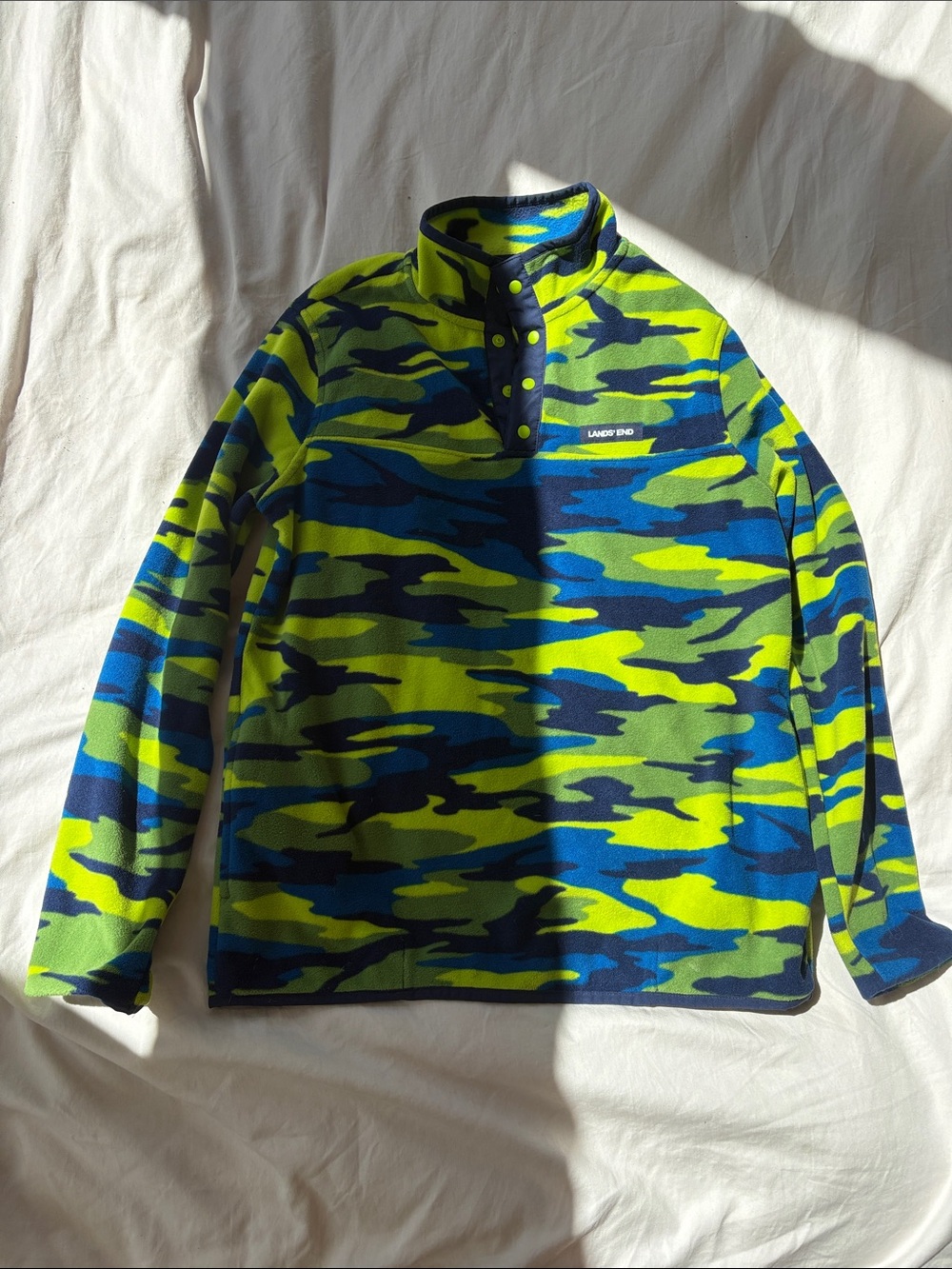 Lands' End Kids Neon Camo Fleece Pullover - Lime Green & Blue